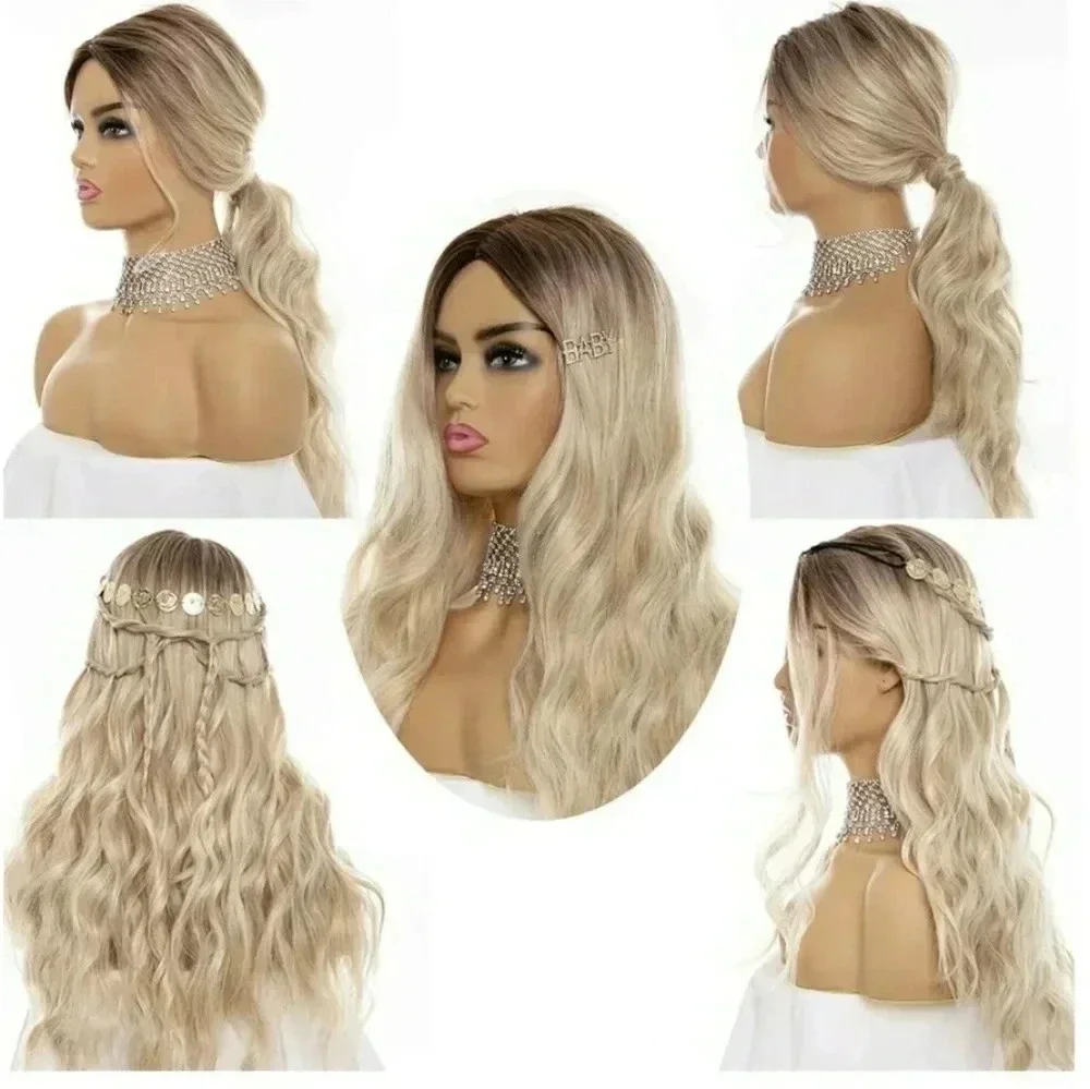 aSulis Natural Long Wavy Curly Wig Dark Roots Ombre Ash Blonde Wig Synthetic 28